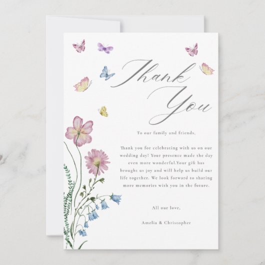 Elegante Wildflower Vlinder Bruiloft Bedankkaart (Voorkant)