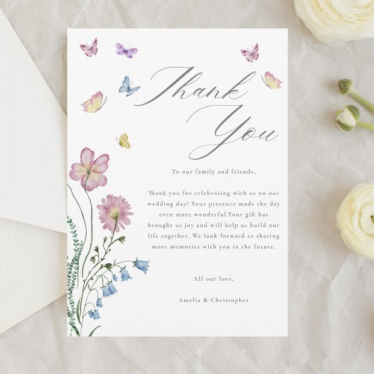 Elegante Wildflower Vlinder Bruiloft Bedankkaart