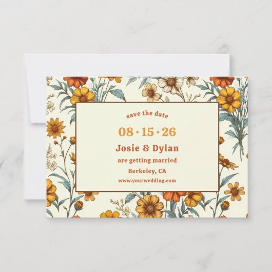 Elegante Wildflower Warme Leuke jaren '70 Esthetis Save The Date (Voorkant)