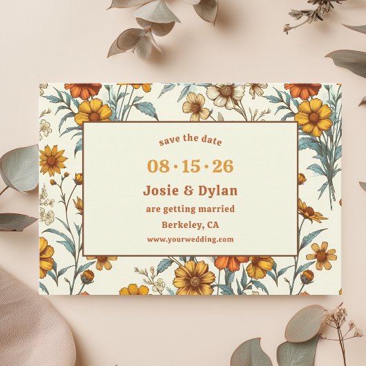 Elegante Wildflower Warme Leuke jaren '70 Esthetis Save The Date