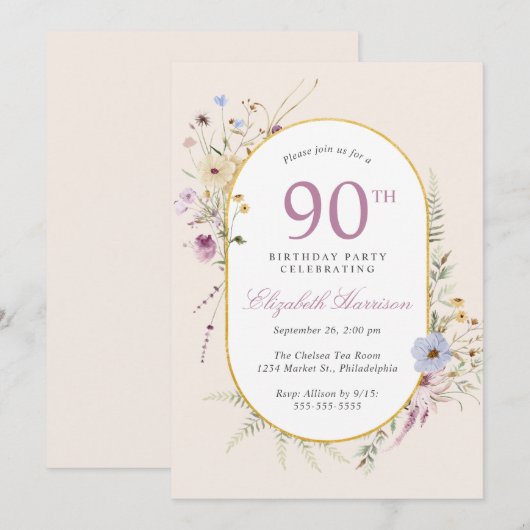 Elegante Wildflower Waterverf 90ste Verjaardagsfee Kaart (Voorkant / Achterkant)