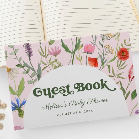 Elegante Wildflower Waterverf Roze Baby shower Gastenboek