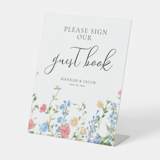 Elegante Wildflower Wedding Guest Book Table Reclamebord Met Voetstuk (Voorkant)