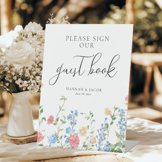 Elegante Wildflower Wedding Guest Book Table Reclamebord Met Voetstuk