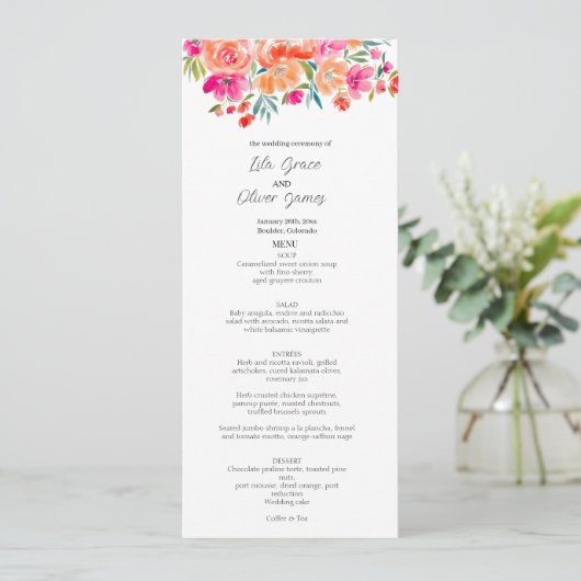Elegante Wildflower Wedding Menu Uitnodiging (Staand voorkant)