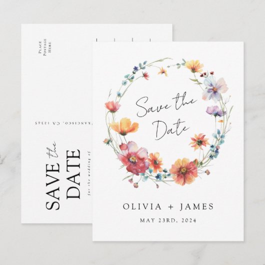 Elegante Wildflower Wedding Save the Date Uitnodiging Briefkaart (Voorkant / Achterkant)