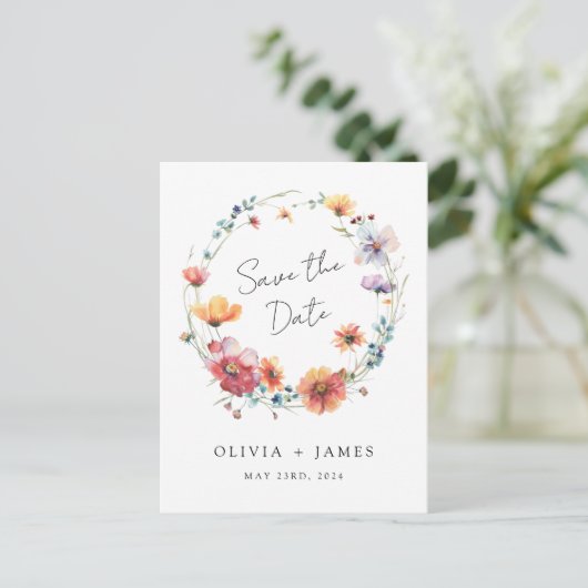 Elegante Wildflower Wedding Save the Date Uitnodiging Briefkaart (Staand voorkant)