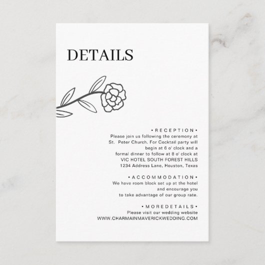 Elegante Wildflower Zwart-wit bruiloft Details Informatiekaartje (Voorkant)