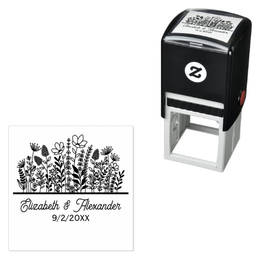 Elegante Wildflowers #2 Huwelijk Paar Namen Datum Zelfinktende Stempel (In situ)