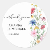 Elegante Wildflowers Bruiloft Dank u Ronde Sticker (Voorkant)