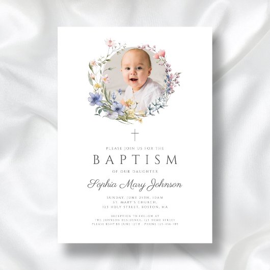 Elegante Wildflowers Krans Foto Doop Kaart