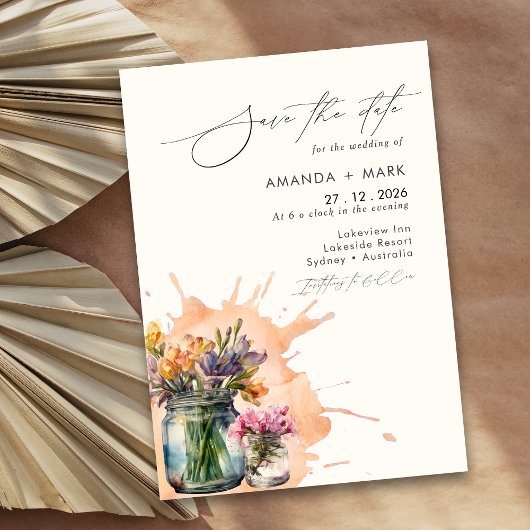 Elegante Wildflowers Mason Jar Bewaar de datum Kaart