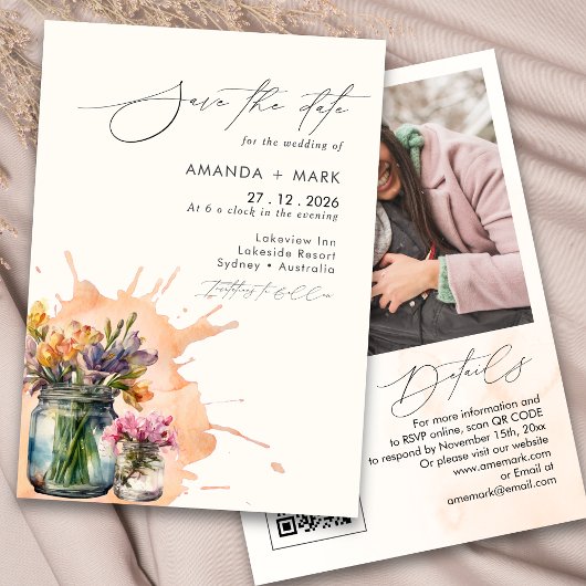 Elegante Wildflowers Mason Jar Bewaar de datum Kaart