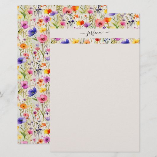 Elegante wildflowers scriptnaam briefpapier (Voorkant / Achterkant)