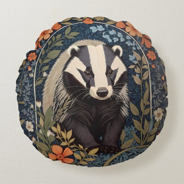Elegante William Morris geïnspireerde Badger Rond Kussen (Voorkant)