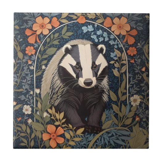 Elegante William Morris geïnspireerde Badger Tegeltje (Voorkant)