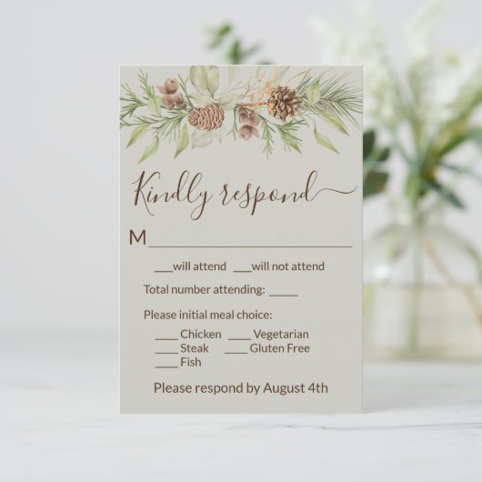 Elegante Winter Beige Pine RSVP-kaart RSVP Kaartje (Staand voorkant)