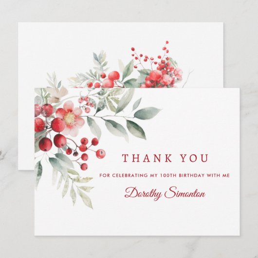 Elegante Winter Berry Botanical 100th Verjaardag F Bedankkaart (Voorkant / Achterkant)