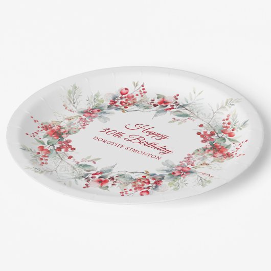 Elegante Winter Berry Botanical 30e verjaardag Papieren Bordje (Gekanteld)