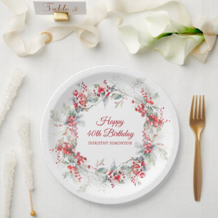 Elegante Winter Berry Botanical 40e verjaardag Papieren Bordje