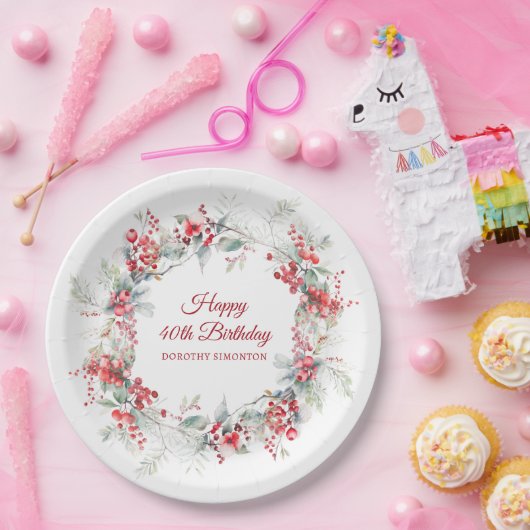 Elegante Winter Berry Botanical 40e verjaardag Papieren Bordje (Feest)