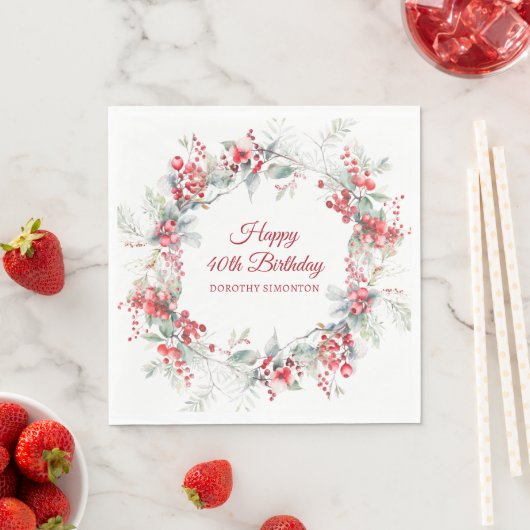 Elegante Winter Berry Botanical 40e verjaardag Servet (Insitu)