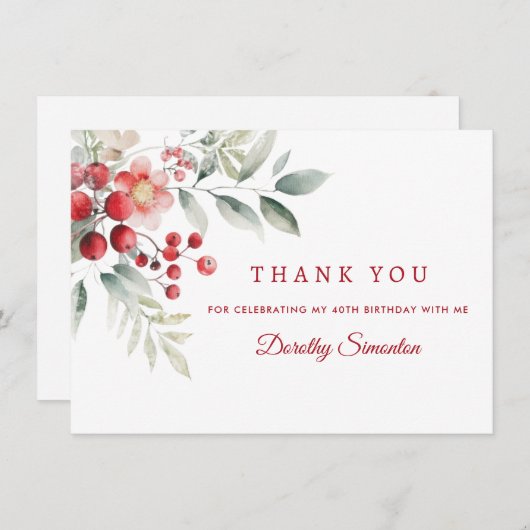 Elegante Winter Berry Botanical 40th Verjaardag Fl Bedankkaart (Voorkant / Achterkant)
