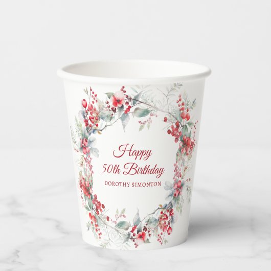 Elegante Winter Berry Botanical 50e verjaardag Papieren Bekers (Voorkant)