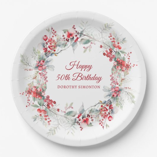 Elegante Winter Berry Botanical 50e verjaardag Papieren Bordje (Voorkant)