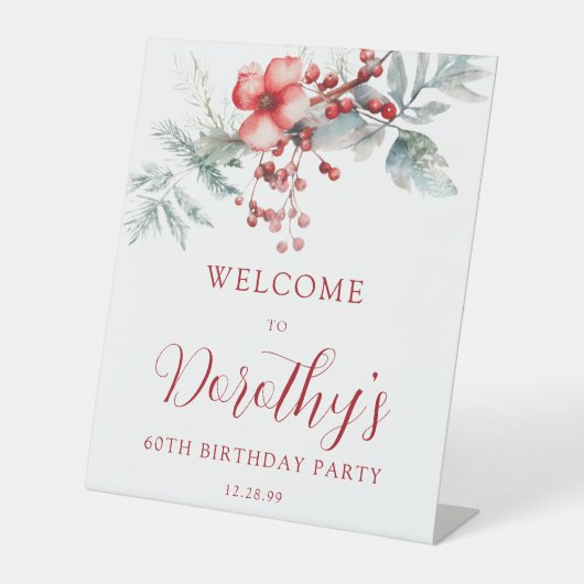 Elegante Winter Berry Botanical 60e verjaardag Reclamebord Met Voetstuk (Voorkant)
