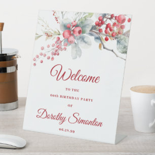 Elegante Winter Berry Botanical 60e verjaardag Reclamebord Met Voetstuk