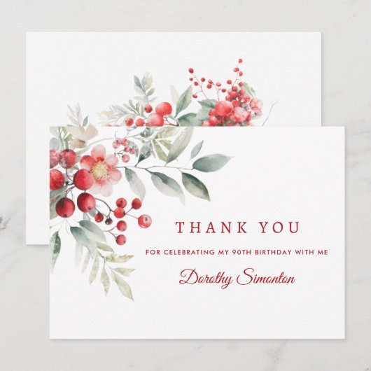 Elegante Winter Berry Botanical 90th Verjaardag Fl Bedankkaart (Voorkant / Achterkant)