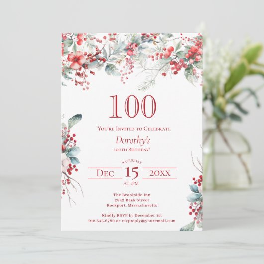 Elegante Winter Berry Botanische 100e verjaardag Kaart (Staand voorkant)