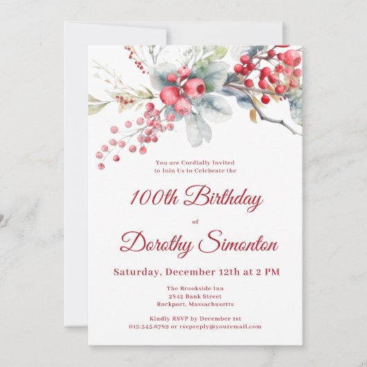 Elegante Winter Berry Botanische 100e verjaardag Kaart (Voorkant)