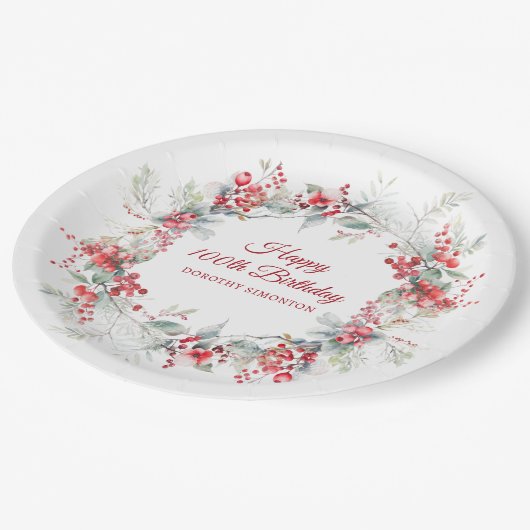 Elegante Winter Berry Botanische 100e verjaardag Papieren Bordje (Gekanteld)