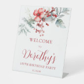 Elegante Winter Berry Botanische 100e verjaardag Reclamebord Met Voetstuk (Voorkant)