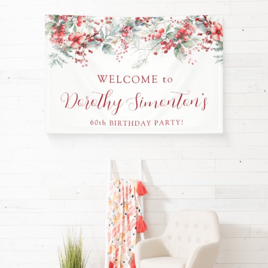 Elegante Winter Berry Botanische 60e Verjaardagsfe Spandoek (Insitu)