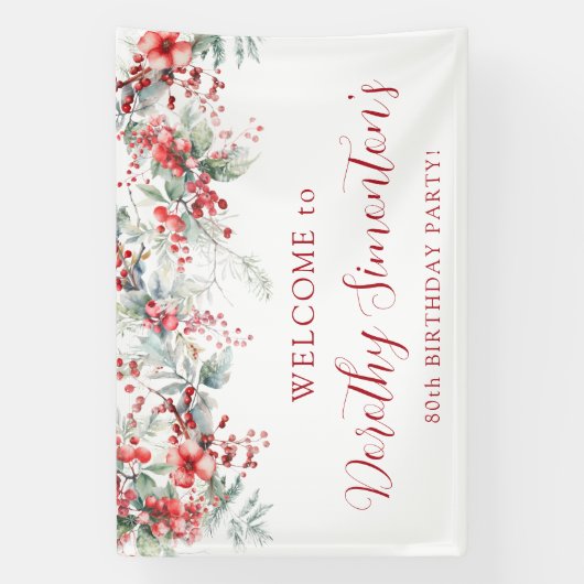 Elegante Winter Berry Botanische 80e Verjaardagsfe Spandoek (Verticaal)