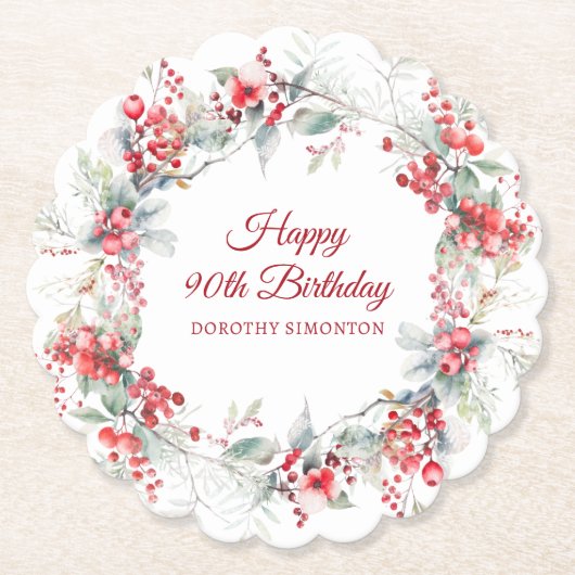 Elegante Winter Berry Botanische 90e verjaardag Kartonnen Onderzetters (Voorkant)