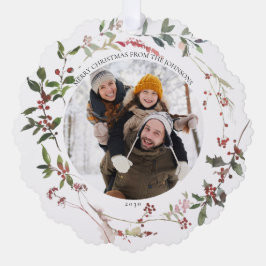 Elegante Winter Berry Vrolijk Kerstmis Foto Krans Ornament Kaart