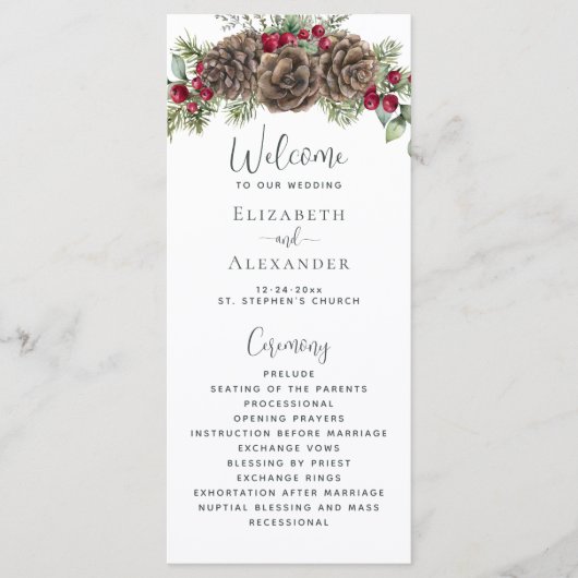 Elegante winter bessen dennenappel kerst bruiloft programmakaart (Voorkant)