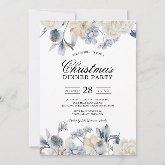 Elegante Winter Blauwe En Witte Bloemen Kaart (Voorkant)