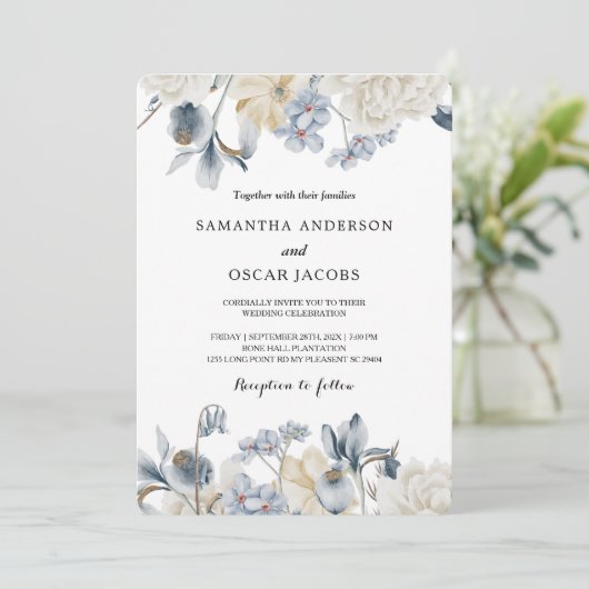 Elegante Winter Blauwe En Witte Bloemen Kaart (Staand voorkant)