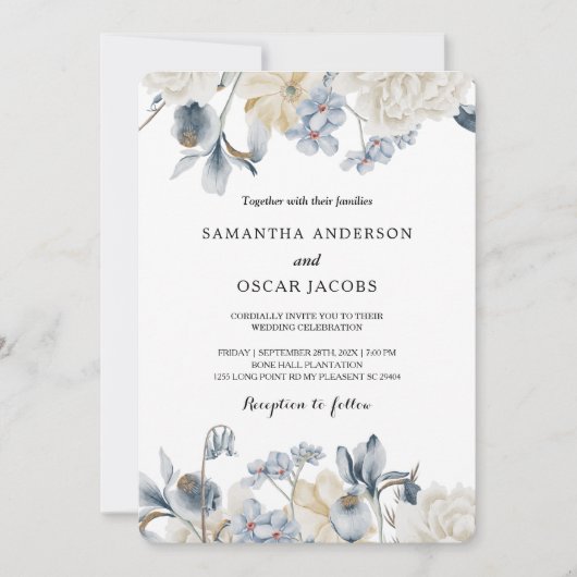 Elegante Winter Blauwe En Witte Bloemen Kaart (Voorkant)