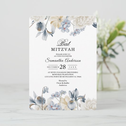 Elegante Winter Blauwe En Witte Bloemen Kaart (Staand voorkant)