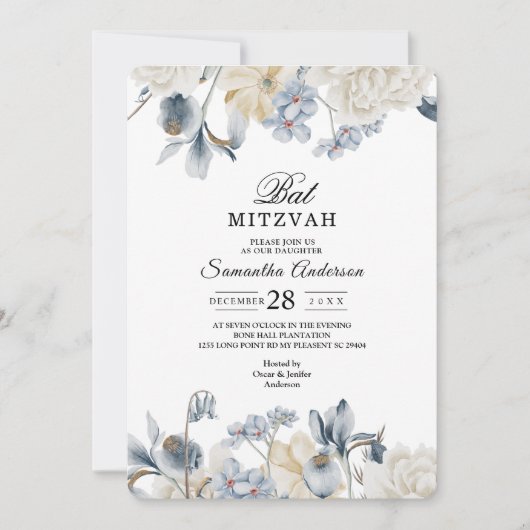 Elegante Winter Blauwe En Witte Bloemen Kaart (Voorkant)