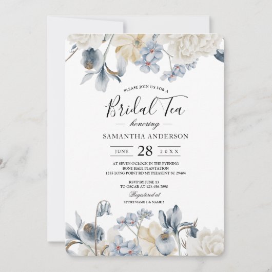 Elegante Winter Blauwe En Witte Bloemen Kaart (Voorkant)