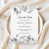 Elegante Winter Blauwe en Witte Bloemen Save The Date