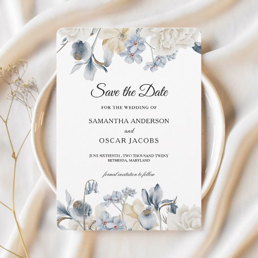 Elegante Winter Blauwe en Witte Bloemen Save The Date