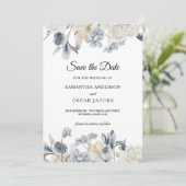 Elegante Winter Blauwe en Witte Bloemen Save The Date (Staand voorkant)